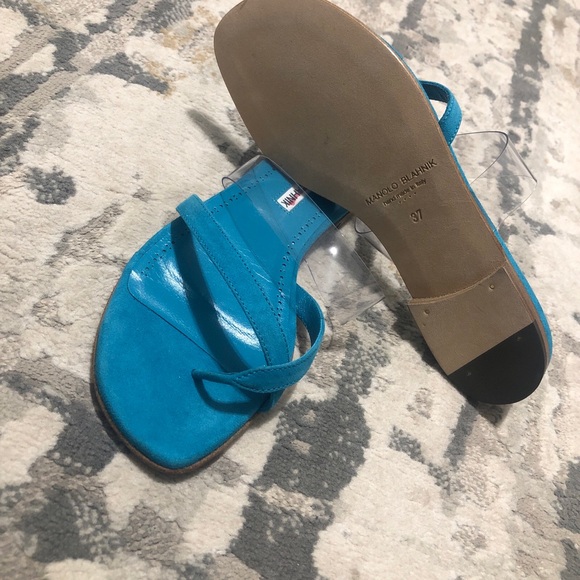 New Manolo Blahnik Blue Teal Susina Crisscross Toe-Strap Flat Sandals Size 37 - Picture 9 of 12